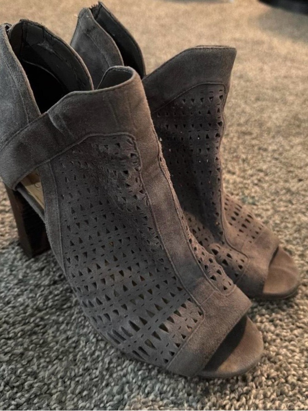 Vince Camuto Gray Suede Laser-Cut Peep-Toe High Heel Booties